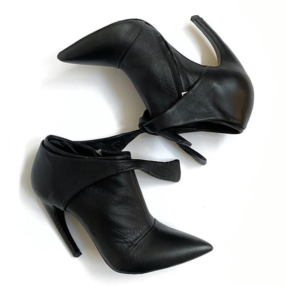 PROENZA SCHOULER black leather tie strap curved heel pointed ankle boots booties - Picture 5 of 12